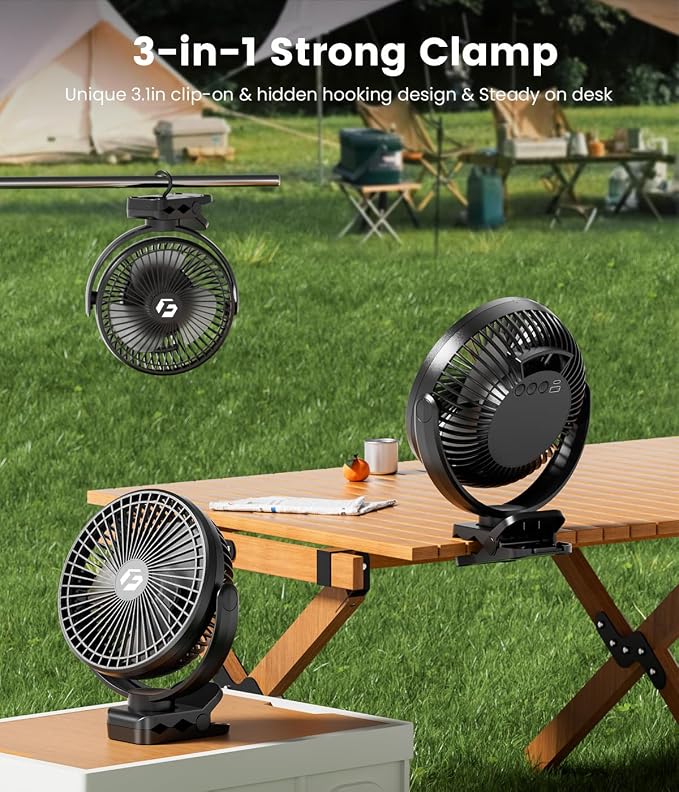 40000mAh Clip on Fan for Golf Cart, Up to 127Hrs Portable Rechargeable Fans | 8-inch Desk Fan with 3 Speeds, 9 LEDs, Remote, Timers, Hook, Battery Operated Fan for Office, Desk, Camping, Treadmill, Tent - Image 4