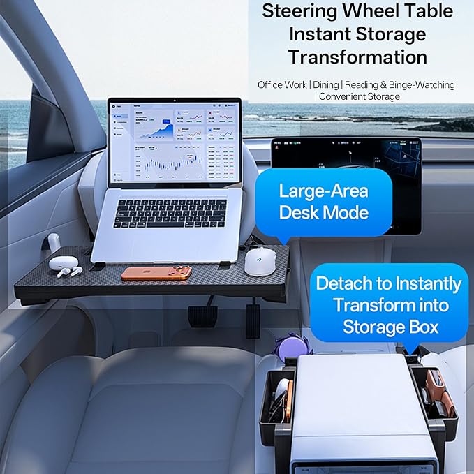 Carbon Fiber 3-in-1 Steering Wheel Tray Table & Car Seat Gap Filler Organizer & Centre Console Storage Box | Foldable Adjustable Car Desk/TableTray for Laptop, Eating & Work (【Foldable】 3-in-1) | Detachable Seat Gap Filler，0-30° Adjustable Angle，3-in-1... - Image 2