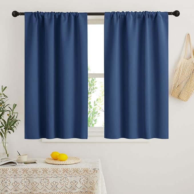 RYB HOME Short Blackout Curtains for Bedroom, Room Darkening Insulated | Rod Pocket, Summer Heat Light UV Blocking, Energy Saving, Drapes for Nursery, W34 x L45, Navy Blue, 2 Panels by RYBHOME