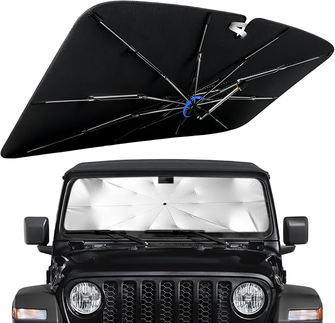 Windshield Sun Shade for Jeep Wrangler 2018-2026 with 360° Rotating Shaft | Custom Fit Umbrella Sunshade for UV Blocking, Interior Heat Protection, Easy Storage, UPF 50+ Cool Windshield Cover by Lonyaqui