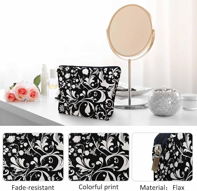 Makeup Bag Floral Makeup Bags For Purse Pouch, Vintage Mandala Flower Swirl Black White Travel Toiletry Bag Cosmetic Bag Makeup Bags Flax Makeup Organizer Bag Pencil Pouch For Man Woman - Image 5