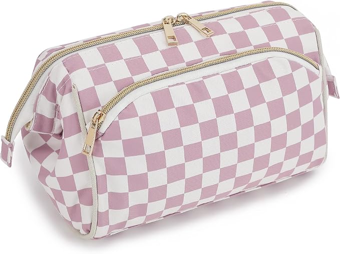 Fammart Travel Makeup Bag for Women, Waterproof Checkered Cosmetic Cosmetic Bag Make Up Organizer Case, Large Wide-open Toiletry Bag for Skincare, Brushes, Bathroom & Travel Essentials by Fammart
