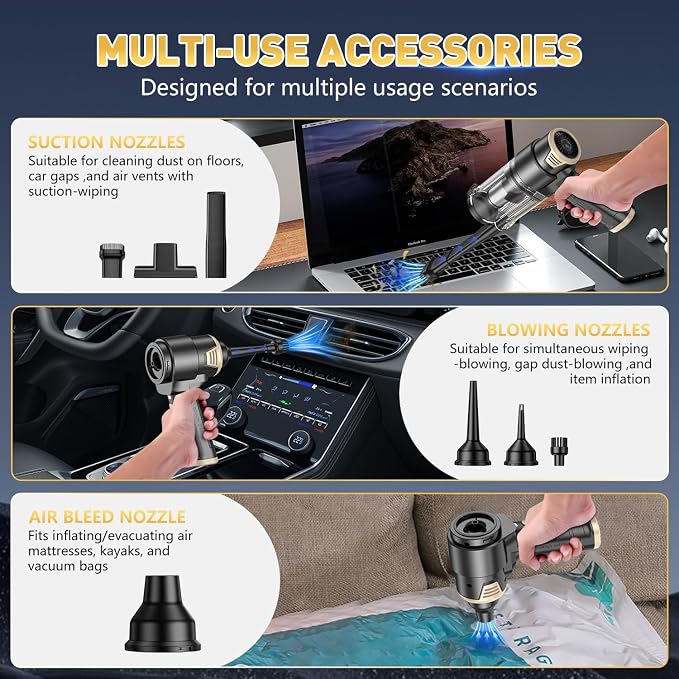 KMM Handheld Car Vacuum Cleaner, 16000PA Hand Held Vacuum & Air Duster | Strong Suction, 120W High Power, Portable, Cordless, Rechargeable, Multi-Nozzles & LED Liht, for Home, Car, Office, Pet - Image 6
