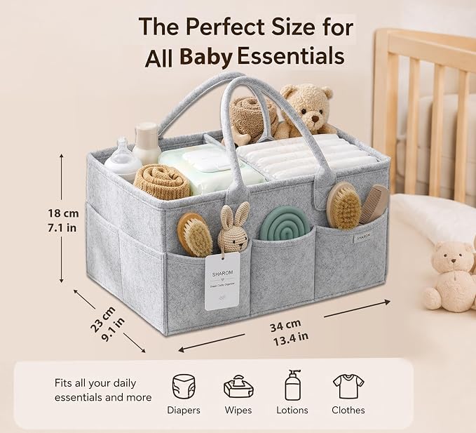 SHAROM Diaper Caddy Organizer for Baby, Portable Diaper Caddy Basket, Felt Baby Diaper Caddy & Baby Caddy Organizer, Caddy for Baby Stuff, Diaper Organizer for Changing Table, Car & Nursery, Gray - Image 2