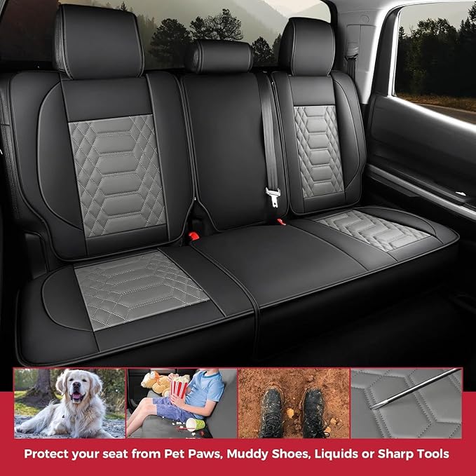 FREESOO Custom Leather for Toyota Tundra Seat Covers 2007-2013 Crewmax Cab | Fit for Crewmax Cab 5 Seats, Full Set, 60/40 Split Bench, Faux Leather, for Truck Toyota Tundra Accessories, BlackGrey - Image 6
