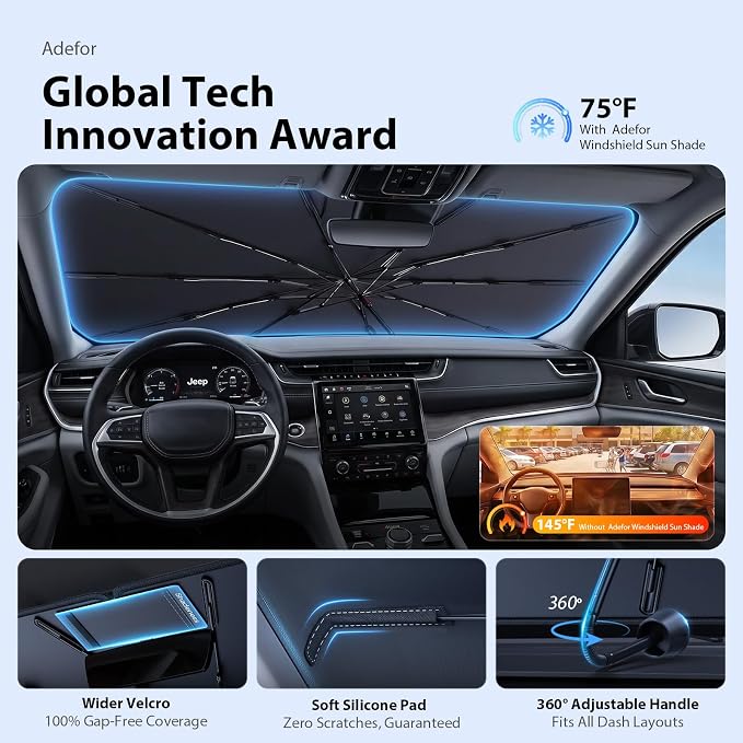 2026 Upgraded Windshield Sun Shade Umbrella for Jeep Cherokee [Precision Custom Fit, Superior UV & Heat Block] Cooling Tech Fabric, Durable Foldable with Storage Bag, Fits 2000-2001, 2014-2023 - Image 9