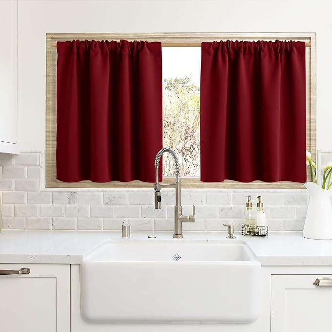 RYB HOME Cafe Blackout Curtains 24 inch Length for RV Camper Kitchen Window | Temperature Regulating,Light UV Blocking,Privacy Protection,Short Small Half Window Tiers,W42 x L24,Burgundy Red,2 Panels by RYBHOME