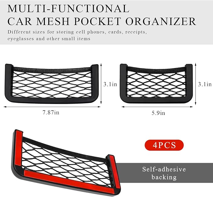 Ohleats 4 PCS Car Pocket Phone Nets, Purse Phone Holder Mesh Storage Bag with Double Sided Tape, Stick on Organizer Seat Side Back Automotive Storage Net Bag, Car Accessories - Image 2