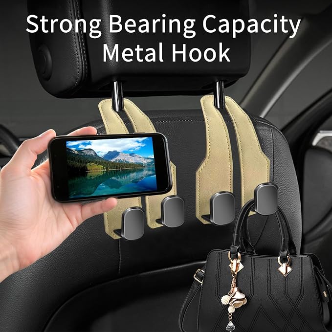 Car Purse Hook, Car Seat Headrest Hooks, Beige Leather 4 Pack | Car Purse Holder Hooks, Universal Car Hangers Seat Back Organizer Storage, Double Metal Hooks for Grocery Purses and Bags - Image 4