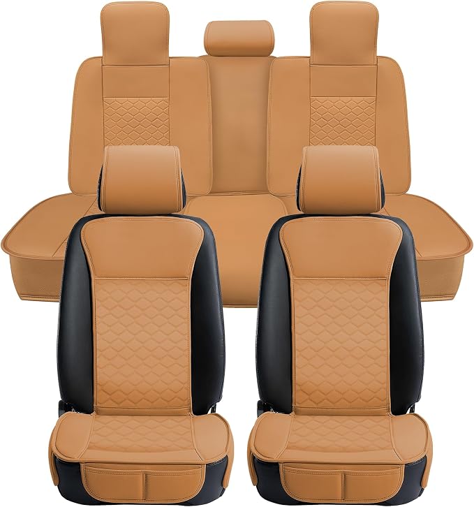 Elantrip Car Seat Cover Full Set Leather Waterproof Front Rear Cognac | 5-piece rich cognac leather set — luxury cabin makeover with full waterproof protection by Elantrip