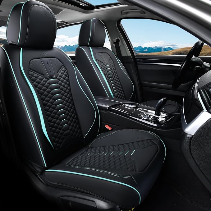 Coverado Leather Seat Covers, Car Seat Covers Full Set, Nappa Leather Seat Covers for Cars, Car Seat Protector Waterproof, Black Car Seat Cover, Universal Seat Cover Fit for Most Cars(Black&Blue) - Image 2