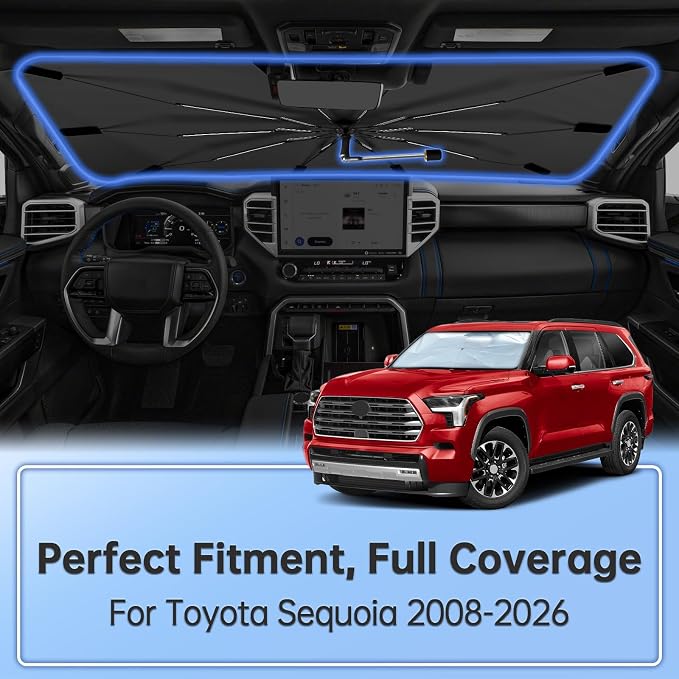 Windshield Sun Shade Umbrella for Toyota Sequoia 2008-2026 Front Window | Foldable Car Sunshade, 360 Rotation Automotive Interior UV Protection for Outdoor Parking, Keep Car Cool - Image 2