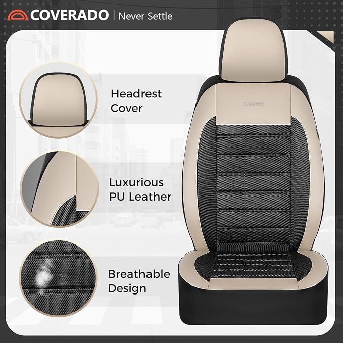 Coverado Car Seat Covers Full Set, Luxury Leather Car Seat Covers, Automotive Front and Rear Mesh Seat Covers, Full Set 5 Seats, Black Beige Seat Covers for SUV Sedan Truck - Image 6