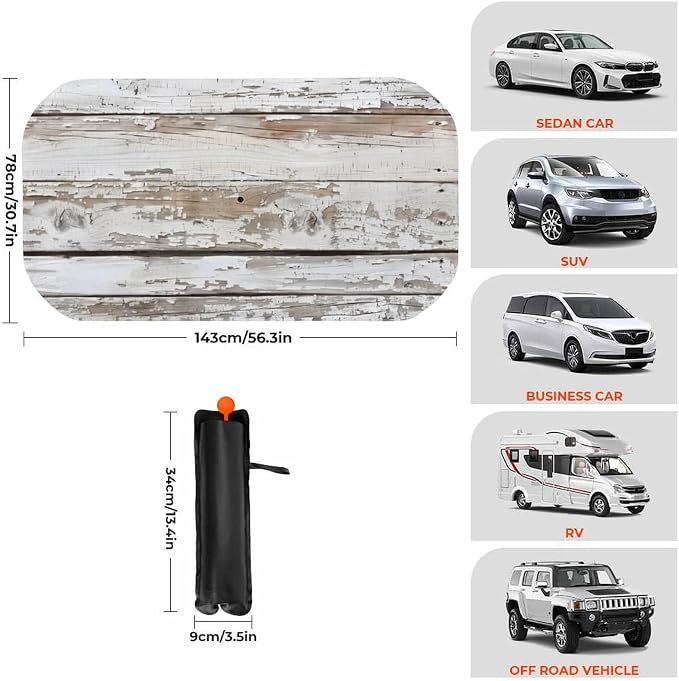 Wooden Board White Old Style Car Windshield Sun Shade Foldable Umbrella Auto Sunshade for Car Truck SUV-Blocks Sun Visor Protector-Keeps Your Vehicle Cool - Image 3
