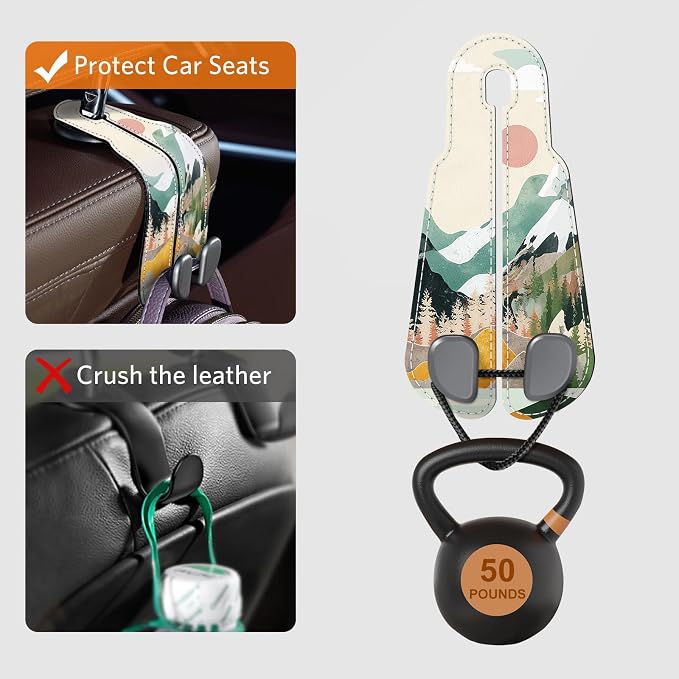 CoBak Purse Hook for Car - Universal Premium Stitched Leather and Aluminum-Magnesium Alloy Double Car Seat Back Storage Hook for Purses, Handbags, Bags (2 Pack),Mountain Calm - Image 5