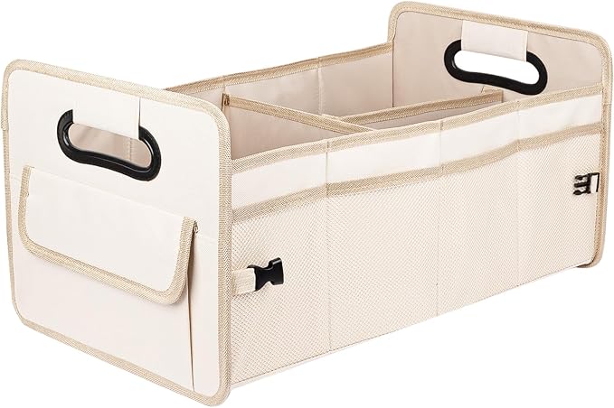 JiatuA Car Trunk Organizer, Car Organizers and Storage Collapsible Multi Compartment Container Box, Adjustable Car Accessories for SUV Sedan Truck, Standard Size, Beige | Sturdy, Large Capacity, Clean Decor, Multi Compartment Container Box, Adjustable ... by JiatuA