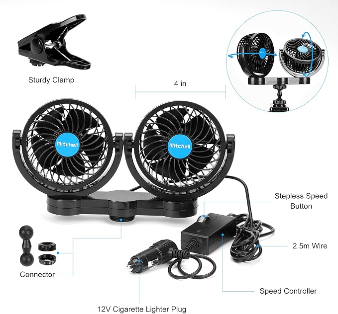 12V Car Clip Fans, Adjustable Dual Head Clip Fan 360° Rotatable Cooling Air Fan, 4'' Electric Auto Car Fans with Cigarette Lighter Plug for Vehicles, RV, SUV - Image 5
