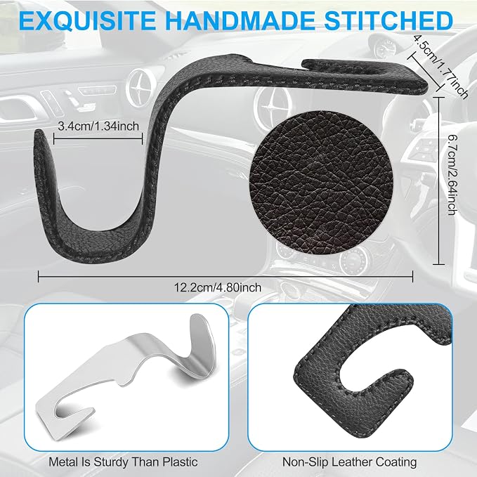 EldHus Seat Hooks for Purses and Bags, 4 Pack Car Purse Holder for Grocery Bag Handbag Clothes, Metal Headrest Hooks Covered by Leather, Black - Image 2