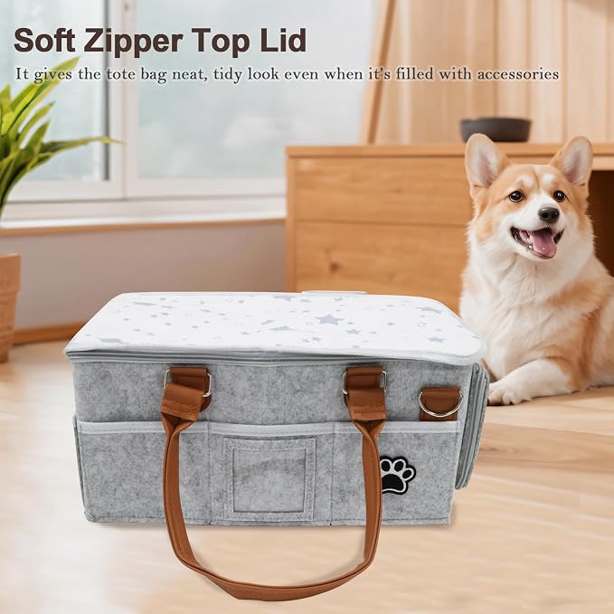Felt Dog Grooming Bag,Portable Tote Bag for Dogs Cats,Dog Storage Organizer for Grooming Tool Kit,3 Compartments Pet Stuff Oganizers with 8 Pockets-Grey - Image 4
