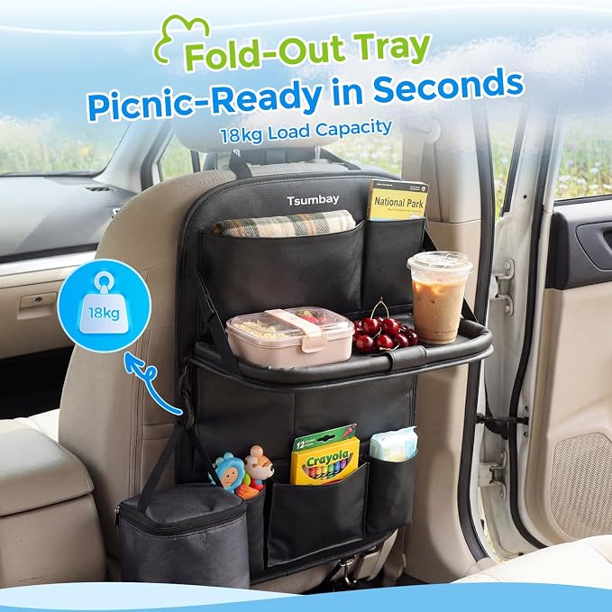 Tsumbay Car Backseat Organizer with Tablet Holder,9 Storage Pockets Foldable Table Tray Seat Back Protectors Kick Mats -PU Leather 1Pck - Image 3