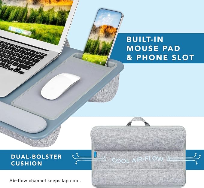 LAPGEAR Home Office Pro Lap Desk - Slate Blue, Fits 15.6” Laptops | Built-In Mouse Pad & Phone Slot, Wide Cushioned Wrist Rest, Dual-Bolster Microbead Cushion, Carry Handle - Image 4