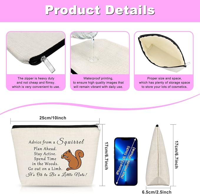 Squirrel Lover Gift for Women Squirrel Gifts for Squirrels Lovers Makeup Bag Nature Lovers for Woman Squirrels Themed Gifts Mom Gift Nature Animal Gift Travel Pouch Birthday Christmas Gift - Image 2