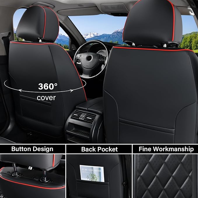 Coverado Seat Covers, Car Seat Cover Front Seats, 2-Pack Luxury Faux Leather Car Seat Covers, Waterproof Car Seat Protector, Black Seat Cover Front Seat Cover Universal Fit for Most Cars, Black&Red - Image 2