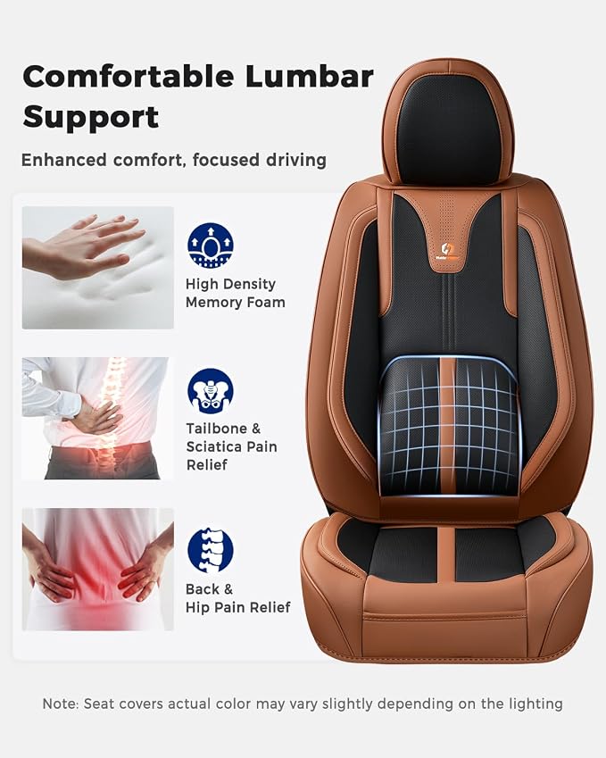 Huidasource Front Seat Covers Luxury Nappa Leather, Driver Seat Cover with Airbag, Front Storage Pocket, Lumbar Support, Cooling＆Heating, Seat Cover Universal Fit for Most Cars SUV Trucks, Brown&Black - Image 3