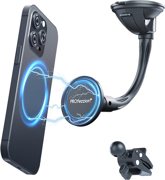 PROfezzion for MagSafe Car Windshield Mount Magnetic Holder, Suction Cup | Flexible Aluminum Rod, on Window Dash or Vent, Stable & Angle Adjustment, for iPhone 17 16 15 14 13 Pro Max & All Phones by PROfezzion