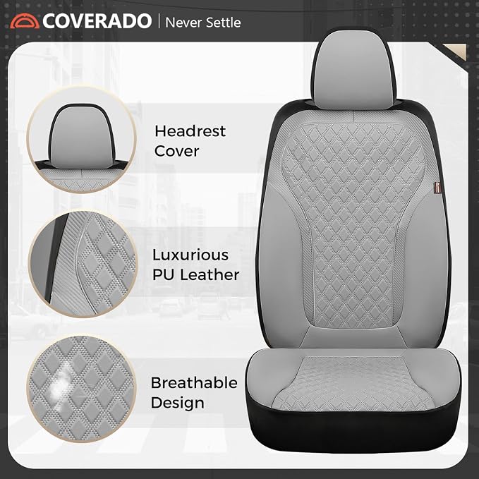 Coverado Car Seat Covers for Front Seats, Luxury Diamond Leather Car Seat Cover with Carbon Fiber Weave, Waterproof Automotive Seat Protectors 2-Pack, Driver Seat Covers Universal Fit Most Cars,Gray - Image 5