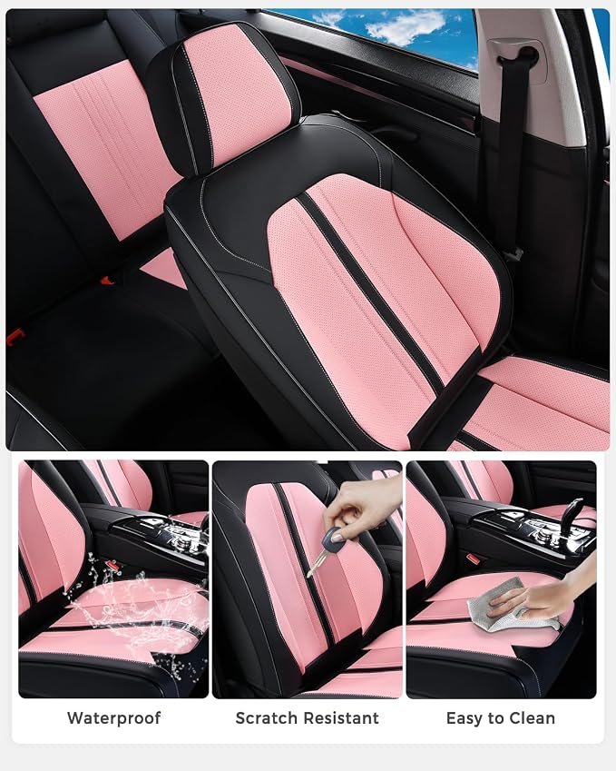 Huidasource Seat Covers Full Set, Luxury Faux Leather Seat Covers, Velcro Adjustable, with Airbags, Thinning Design Perforation Cooling＆Heating Universal Fit for Most Cars Vans Trucks SUVs, Black&Pink - Image 7