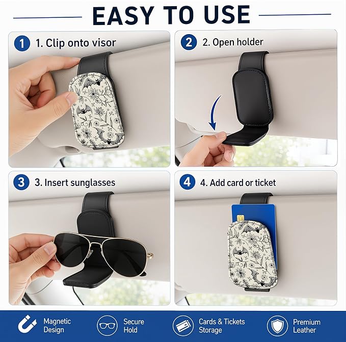 Leather Magnetic Sunglass Holder for Car Sun Visor, Cute Eyeglass Ticket Card Hanger Clip, Universal Auto Interior Accessories for SUV Pickup Truck, Sketch Floral - Image 5