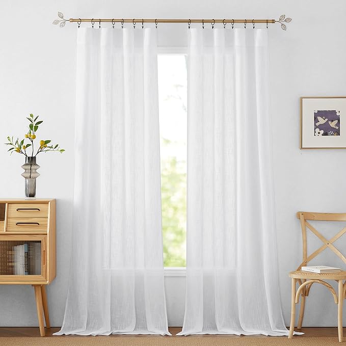 RYB HOME White Sheer Curtains 95 inches Long for Living Room | Extra 66 inches Widith for Light Filtering, Rod Pocket, Breathable, Semi Sheer Curtains, White, W66 x L95, 2 Panels Set by RYBHOME