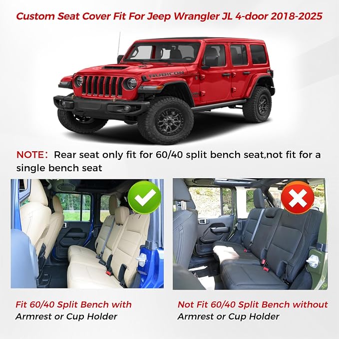Huidasource 2018-2026 Wrangler JL Seat Covers 4 Door, with Rear Cupholder | Wrangler Leather Seat Covers Full Set, Waterproof Seat Cushion Covers Fit for Jeep Wrangler JL 4-Door (Full Set/Black&Blue) - Image 6
