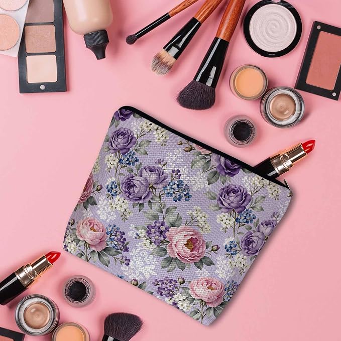 Rose Purple Makeup Bags Makeup Organizer, Vintage Blossom Flowers Rose Flax Toiletry Bags Travel Cosmetic Bag Makeup Purse Pouch Skincare Bag Wallet Bags For Women Female Mom Daughter - Image 3