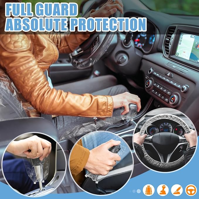 MYFAMIREA 125 PCS Disposable Car Seat Covers Clear Plastic Vehicle Seat Protector Set with Steering Wheel, Gear Shift and Handbrake Covers, Universal for Cars Auto Truck Bus Airplane - Image 6