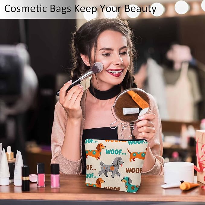 Woman Makeup Bag Dog, Funny Puppy Woof Dogs Makeup Bags Travel Cosmetic Bags Toiletry Makeup Organizer Pencil Pouch Make Up Cosmetic Bag For Owners Lady Birthday Gifts, Orange Blue - Image 2