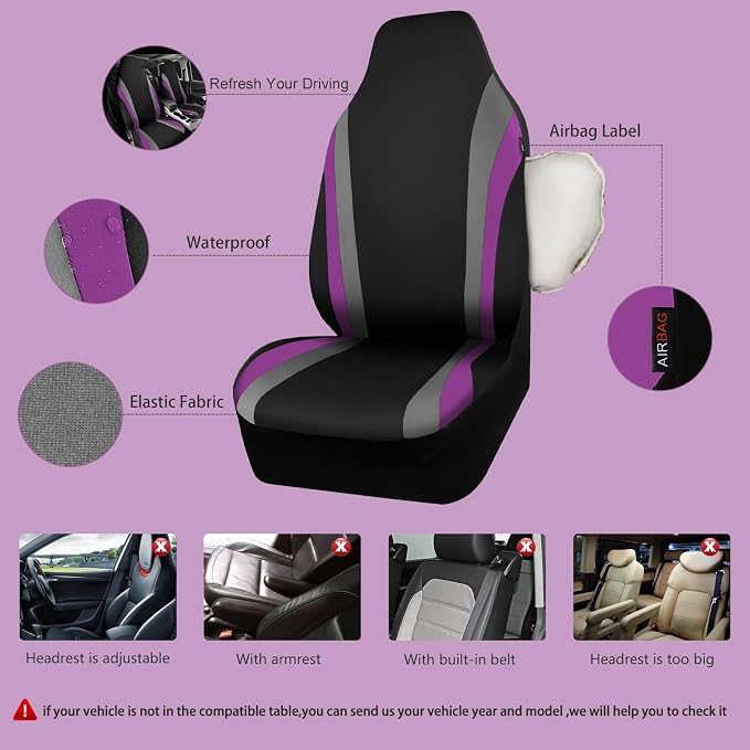 CAR PASS AquaShield Neoprene Waterproof Car Seat Covers Front Seats Only, High Back Bucket Seat Cover,Airbag Compatible,Seat Covers for Women Girl, Universal Fit for Auto Truck Van SUV (Black Purple) - Image 3