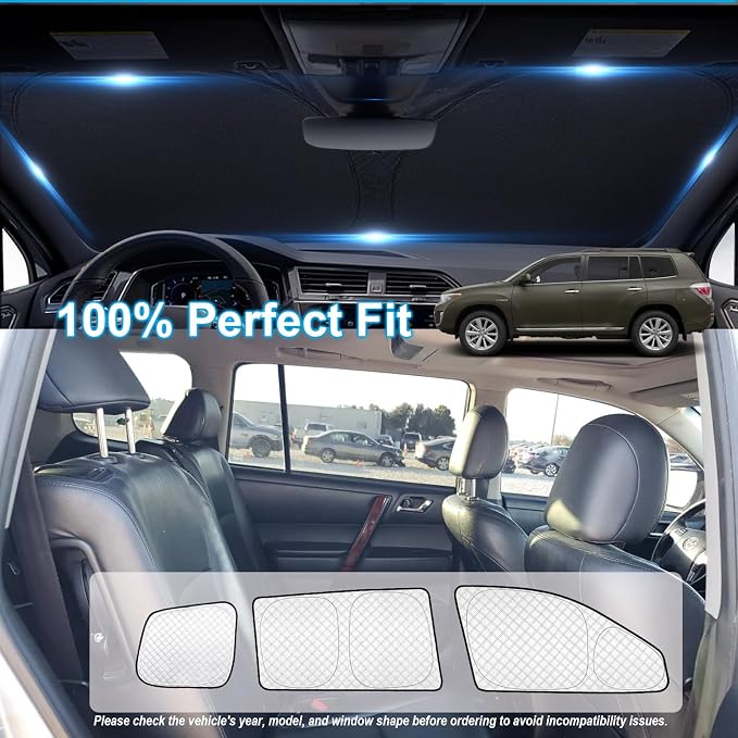 KMF 8pcs Thicken Car Sun Shades for Toyota Highlander 2008-2013 Accessories, Custom Fit Window Covers Sunshade for Windshield Side Rear, UV Block and Blackout Privacy for Car Camping Outdoor - Image 5