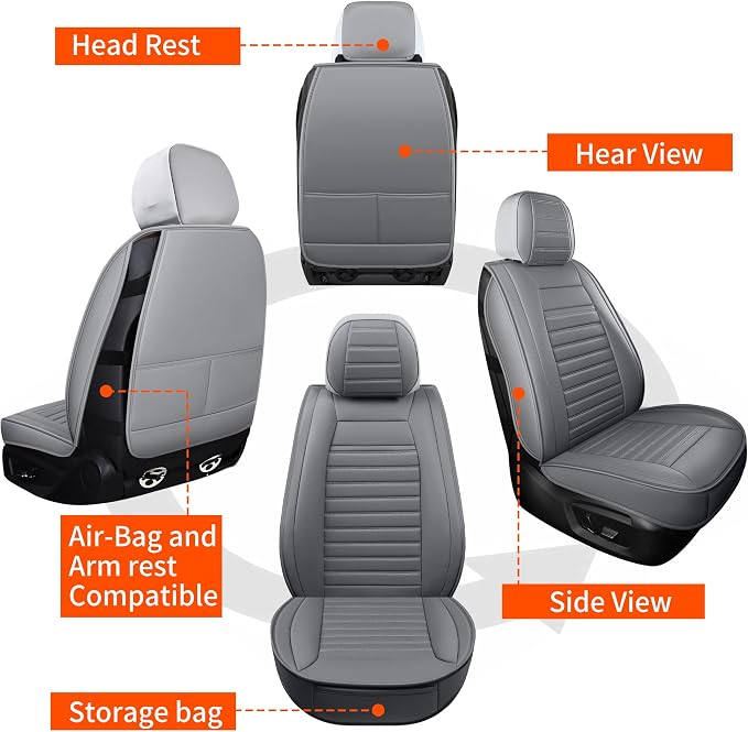 HChengkikz Front Car Seat Cover, Faux Leather, Waterproof (Gray) | Breathable, Airbag Compatible, Easy Maintenance, Universal Fit for Most Sedans SUVs Pick-ups Trucks - Image 5