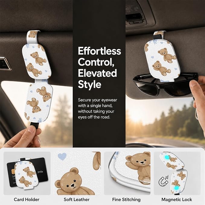 Sunglasses Holder for Car Visor, PU Leather Glasses Clip Organizer, Cute Magnetic Eyeglass Holder for Vehicle Sun Visor, Car Interior Accessory for Women & Men, Bear Bows - Image 5