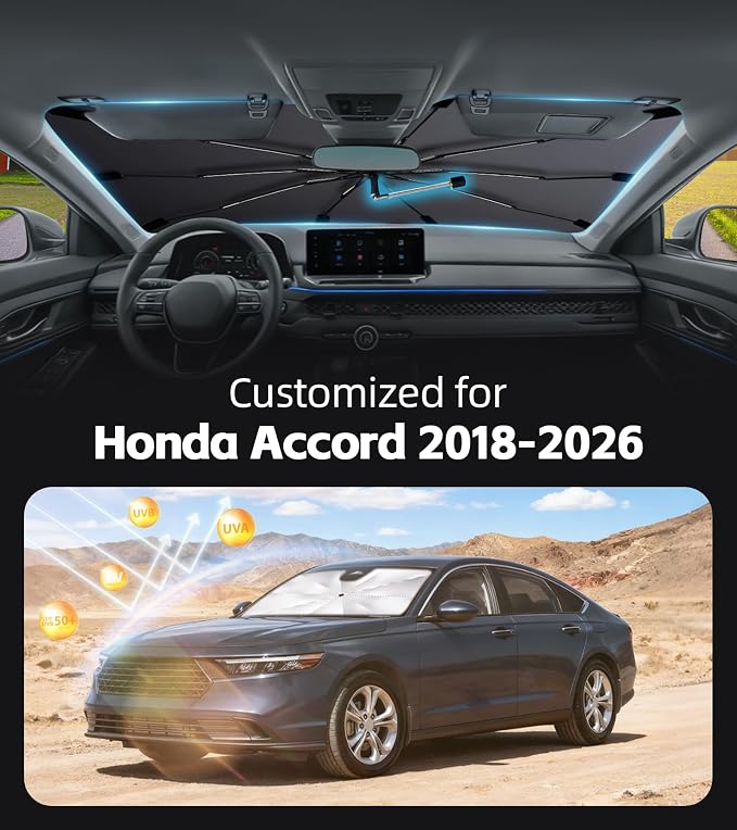 Windshield Sun Shade for Honda Accord 2018-2026 with 360° Rotating Shaft | Custom Fit Umbrella Sunshade for UV Blocking, Interior Heat Protection, Easy Storage, UPF 50+ Cool Windshield Cover - Image 2