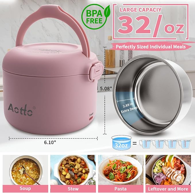 Electric Lunch Box, 32 oz Portable Food Warmer Heater, Lunch Warmer Portable for Work/Office/Car/Travel 12V/24V/110V 3-in-1, Warming Soup & Meal, Spill-Free, Men & Women's Gifts, Pink - Image 3