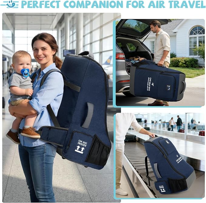 RAINSMORE Padded Car Seat Travel Bag for Airplane Car Seat Backpack, Blue | Fits Infant Carrier & Boosters, Heavy-Duty Car Seat Cover for Air Travel Gate Check Carrier Bags for Airport with Side Pocket - Image 3