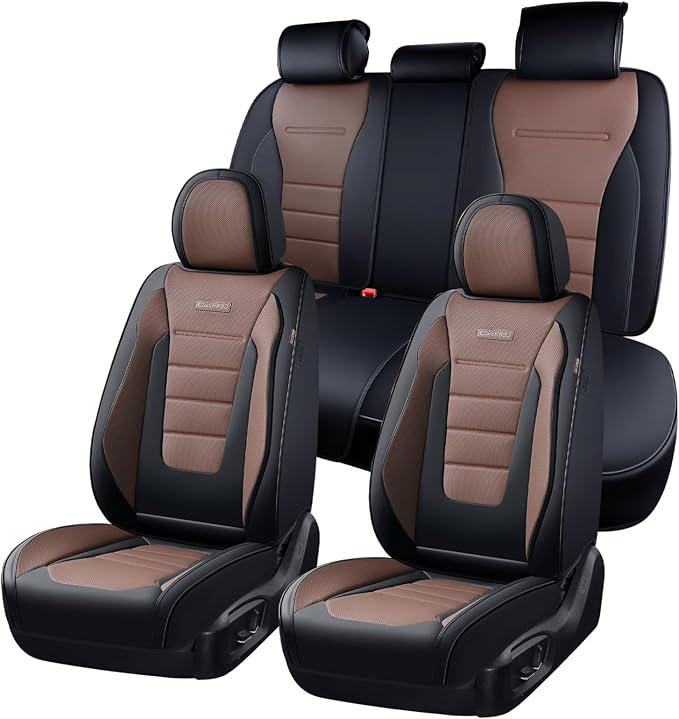 Coverado Car Seat Covers Full Set, Nappa Leather Seat Covers for Cars, Car Seat Protector Car Seat Cushion, Front and Back Seat Protectors Cushions Universal Fit for Most Cars Vehicles(Black&Coffee) by COVERADOAUTO
