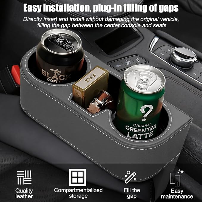 Car Seat Gap Filler Organizer with Cup Holder, Leather Multifunctional Vehicle Front Seat Crevice Storage Box Bag, Automotive Console Side Bucket Pocket, Universal Fit (Gray) - Image 3