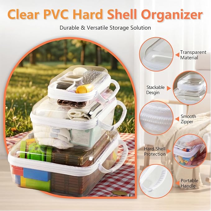 3PCS Travel Essentials for Toiletries, 1.2MM Clear Hard Shell Zipper Case | Makeup Bag for Cosmetics, Puzzles and Snacks, Clear Travel Bag for Diaper Bag Organizer, with Handles - Image 3