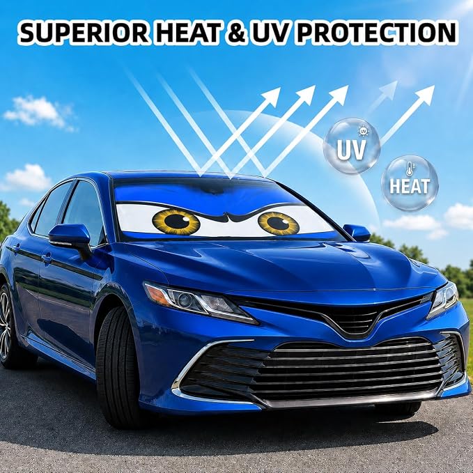 Car Windshield Sun Shade Umbrella, Universal Fit Mid-Large Sedans & SUVs | 57 x 31" Car Sun Visor, Foldable UV Heat Blocking Auto Sunshade with Rearview Mirror Cutout, Monster Blue Eyes - Image 3