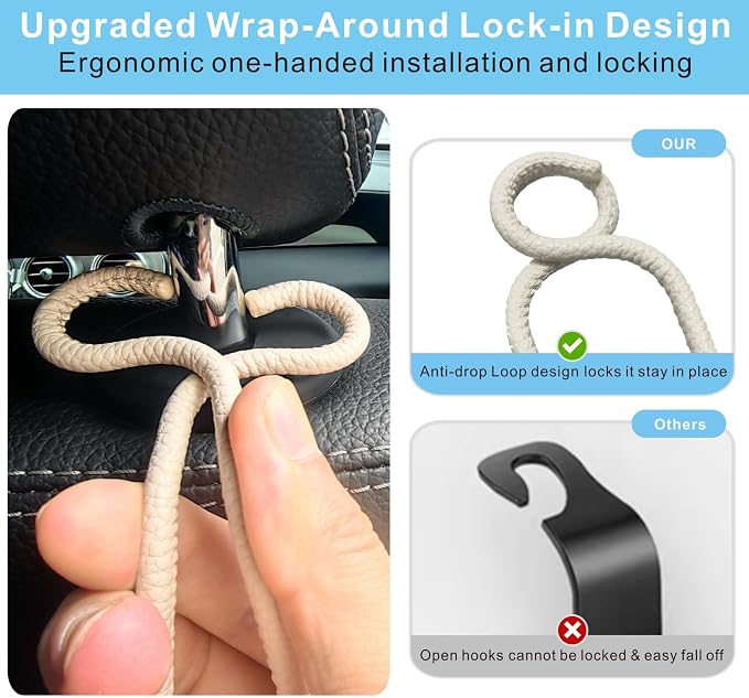 Purse Hooks for Car - 2 Pack Back Seat Storage Holder - Beige Leather/2L | Universal Car Headrest Hanger with Anti-Drop Lock Loop for Hat Bag Grocery Handbag Coat Must Have Stuff for Vehicle Truck SUV - Image 3