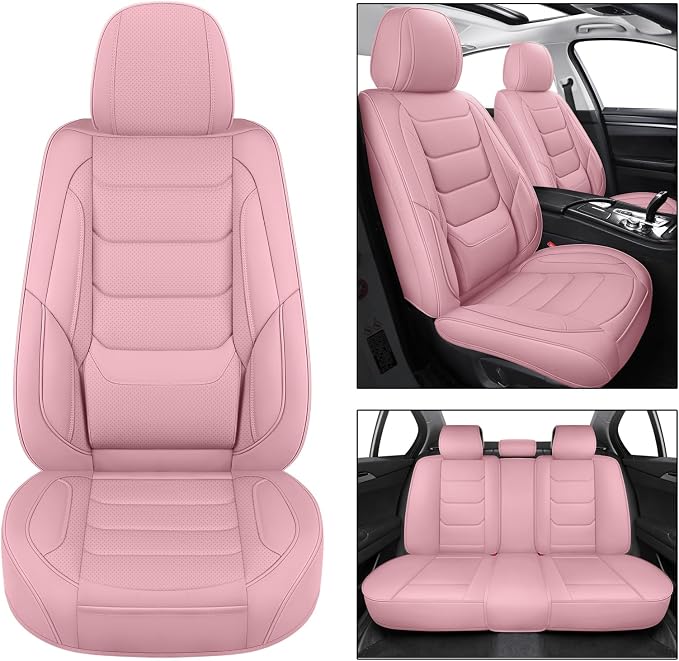 Leather Car Seat Covers Full Set Automotive Seat Protectors | Breathable Waterproof Durable Full Surround & Lumbar Support Design Non-Slip Universal Fit for Most Cars SUV Trucks Van Pink - Image 9